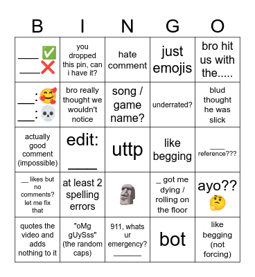 YT SHORTS COMMENTS BINGO Card