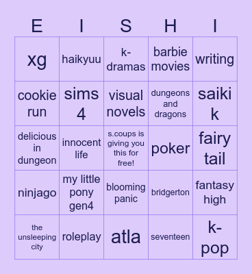 eishi's interests Bingo Card