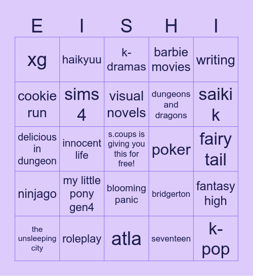 eishi's interests Bingo Card