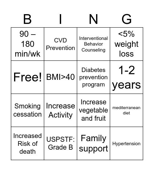 Healthy Life Style Bingo Card