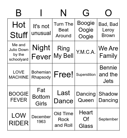 70's BINGO #1 Bingo Card