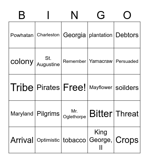 Colonial America Bingo Card