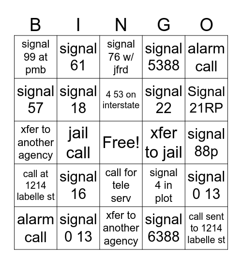 Call Taking Bingo Card