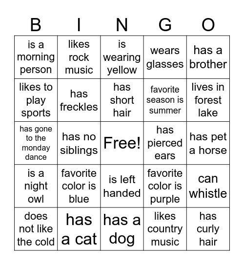 Getting to Know You Bingo Card