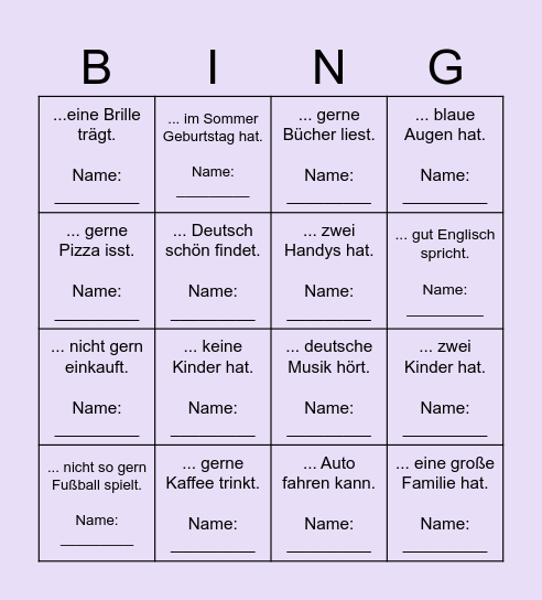 Kennenlern-BINGO Finde eine Person, die ... Bingo Card