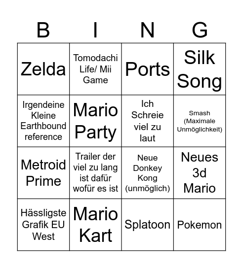 NINTENDO DIRECT WOOOOO Bingo Card