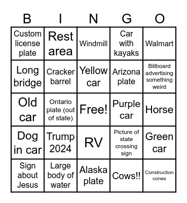 Road Trip Bingo Card