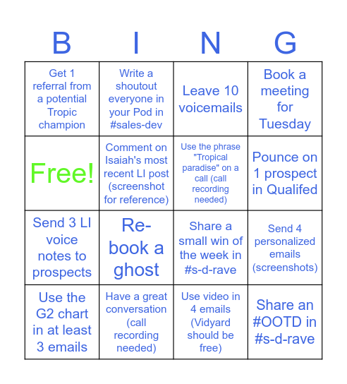 Tropical Team Bingo Card