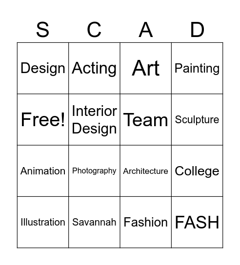 SCAD Bingo Card