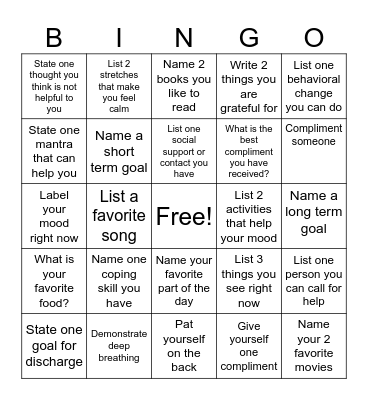 Mental Health Bingo Card