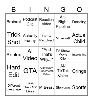 Youtube Shorts Bingo Card