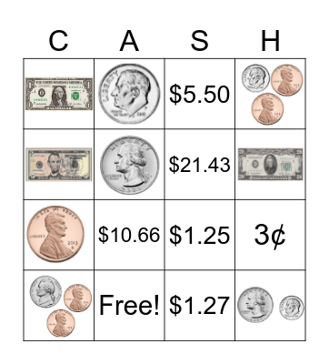 Counting and Recognizing Money Bingo Card