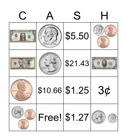 Counting and Recognizing Money Bingo Card