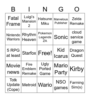 Nintendo Direct Bingo Card