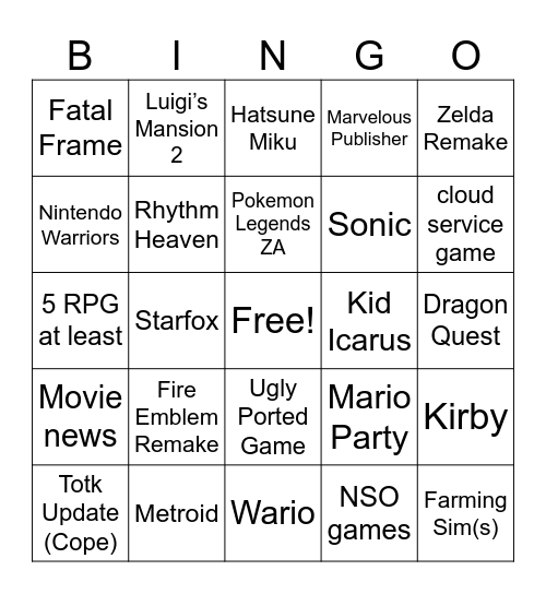 Nintendo Direct Bingo Card