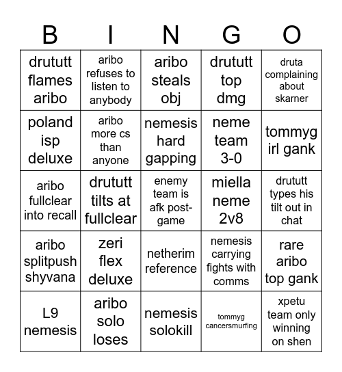 NEME VS XPETU Bingo Card