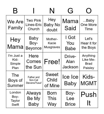 Cassie's Baby Shower Music Bingo Card