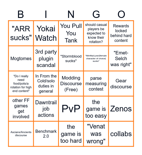 Pre-Dawntrail Discourse Bingo Card