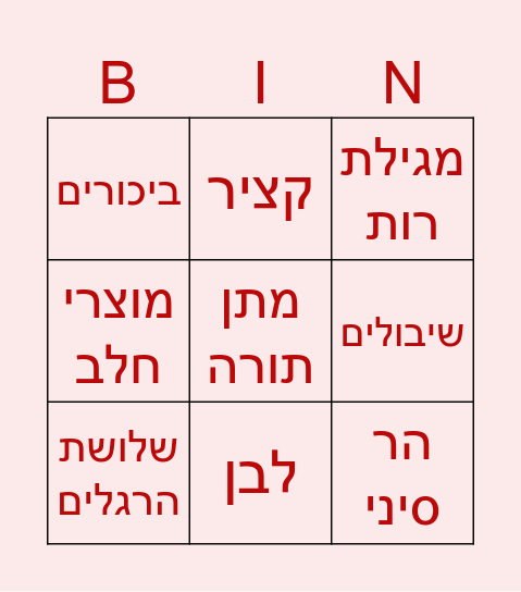 בינגו שבועות Bingo Card