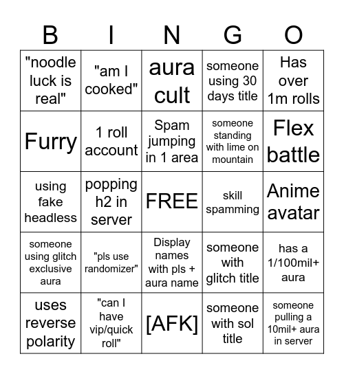 Sols RNG Public Server Experience Bingo Card