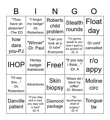 Peds Surgery Bingo Card