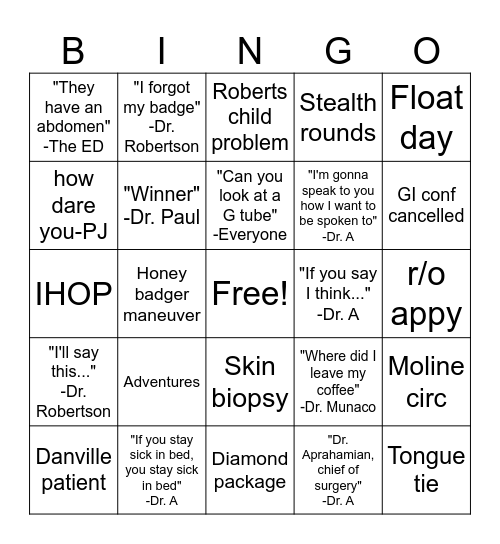 Peds Surgery Bingo Card