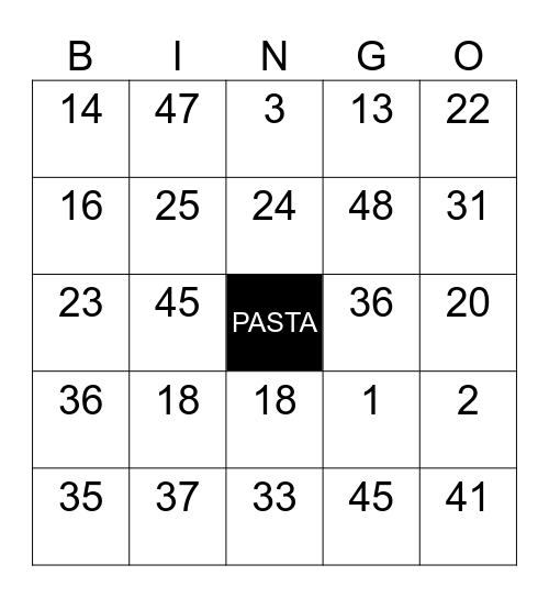 Pasta Night Bingo Card