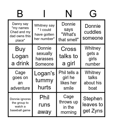 Logan's Bachelor Trip Bingo Card