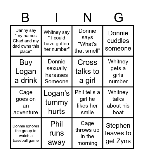 Logan's Bachelor Trip Bingo Card