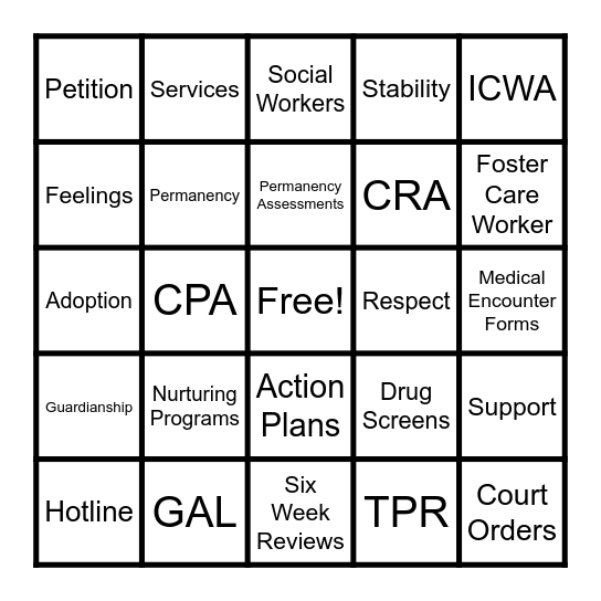 Foster Care Appreciation Bingo Card