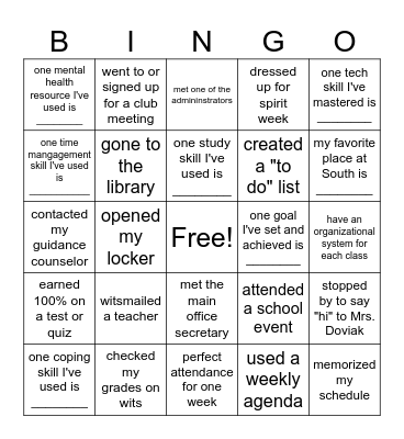 Freshman Seminar Bingo Card