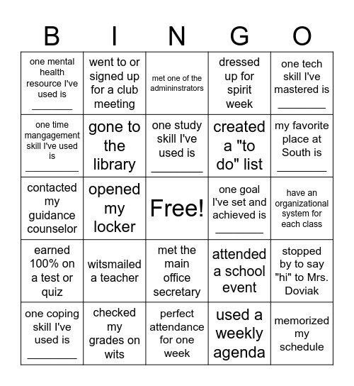 Freshman Seminar Bingo Card