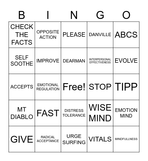 DBT Bingo Card
