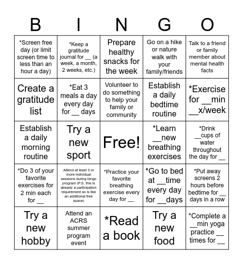 TD Summer Goals Bingo Card