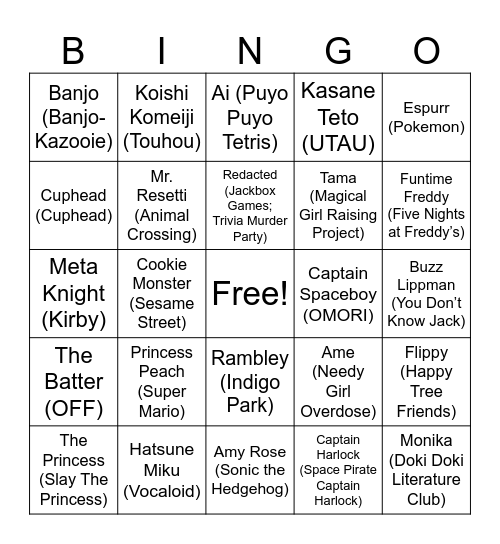 Favorite Character Bingo Card