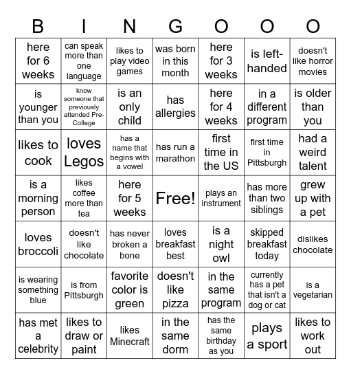 Welcome Pre-College Students! Bingo Card