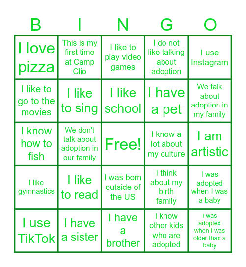 All About Me! Bingo Card