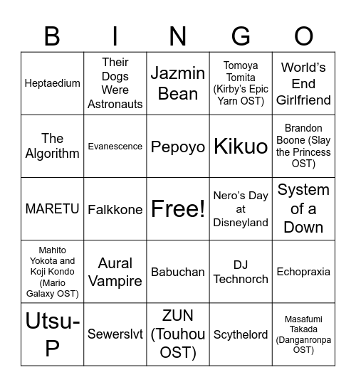 My Favorite Musicians/Artists Bingo Card