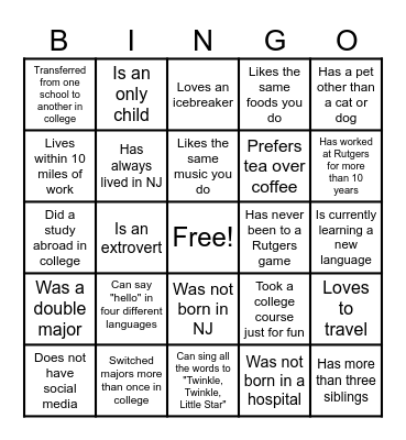 Break Time BINGO Card