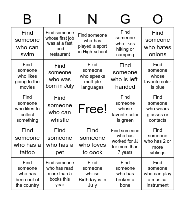 Get to Know Me Bingo Card