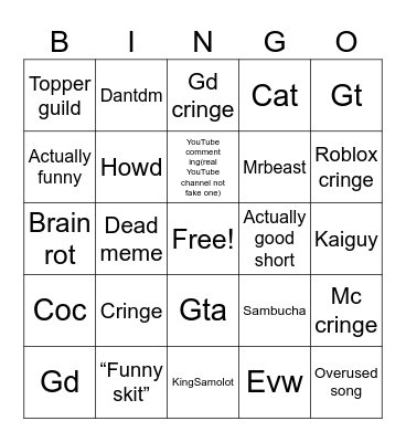YOUTUBE SHORTS BINGO Card