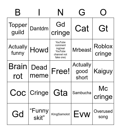 YOUTUBE SHORTS BINGO Card