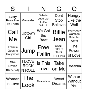 80s Pop Bingo Card