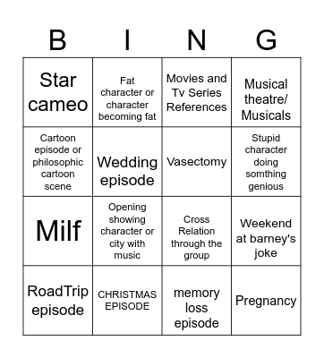 Sitcom Bingo Card