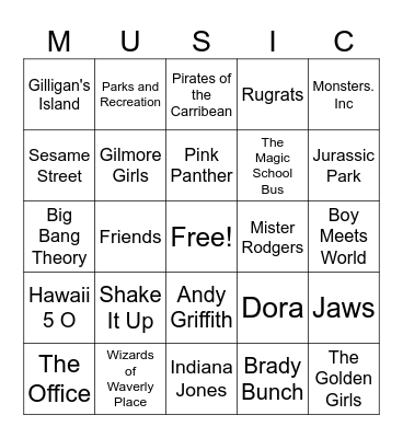 Theme Song Bingo Card