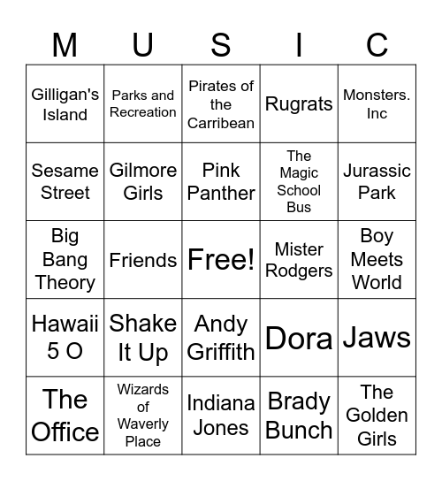 Theme Song Bingo Card