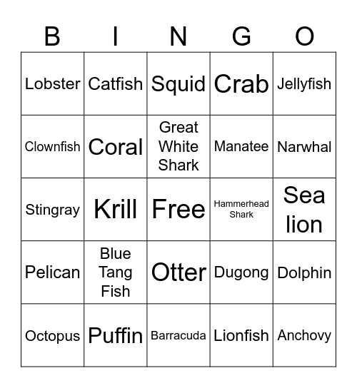 Sea Creature Bingo Card