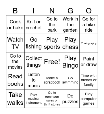 Leisure Activity BINGO Card