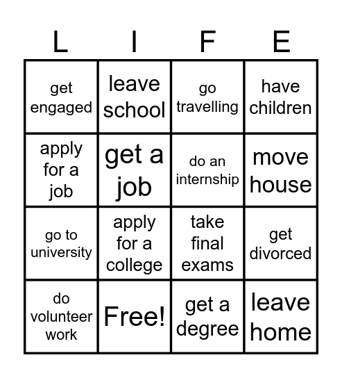 Life Choices Bingo Card