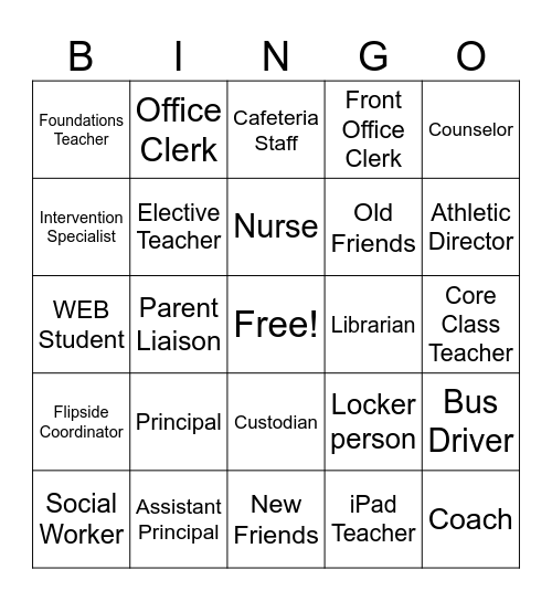 Middle School Bingo Card
